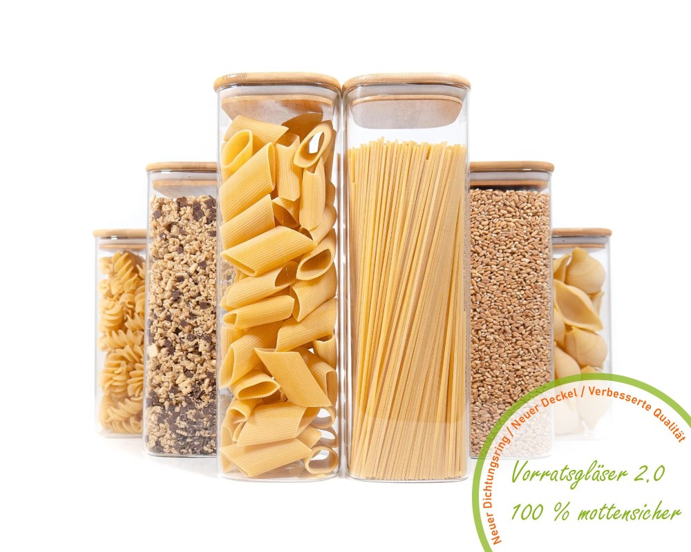 Square storage jars with bamboo lids, set of 6 large