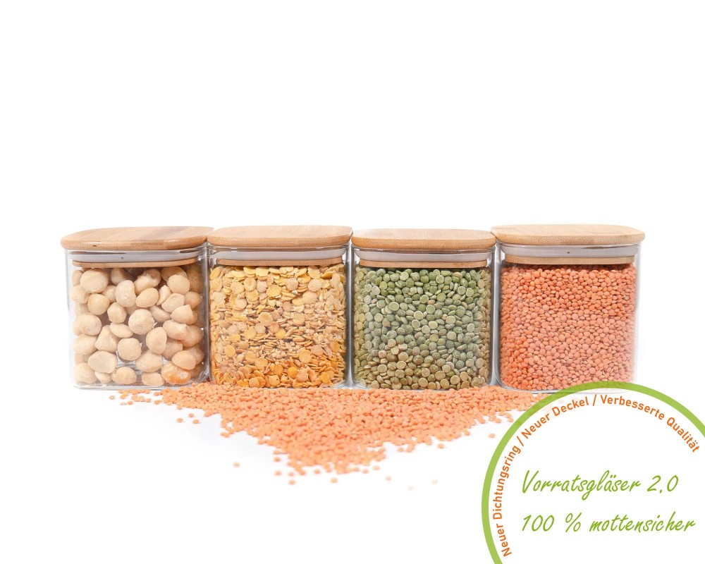 Quadratische Vorratsgläser mit Bambusdeckel 4er Set 800ml