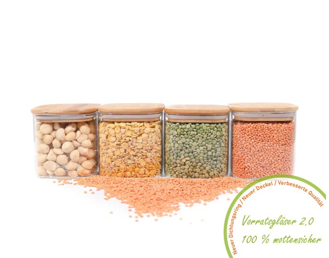 Square storage jars with bamboo lids, set of 4, 800ml