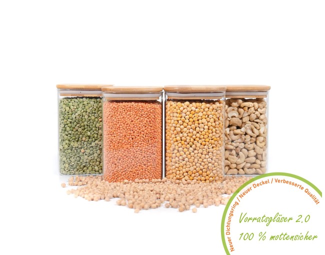 Square storage jars with bamboo lids, set of 4, 1200 ml