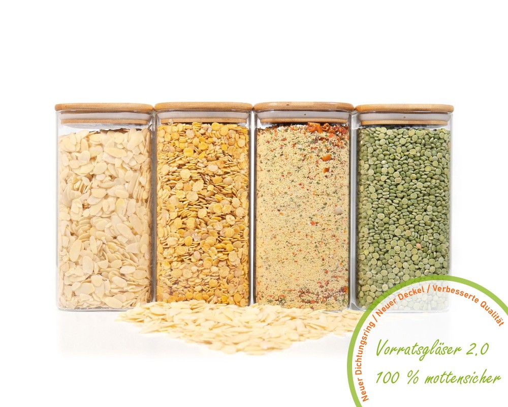 Square storage jars with bamboo lids, set of 4, 1600 ml