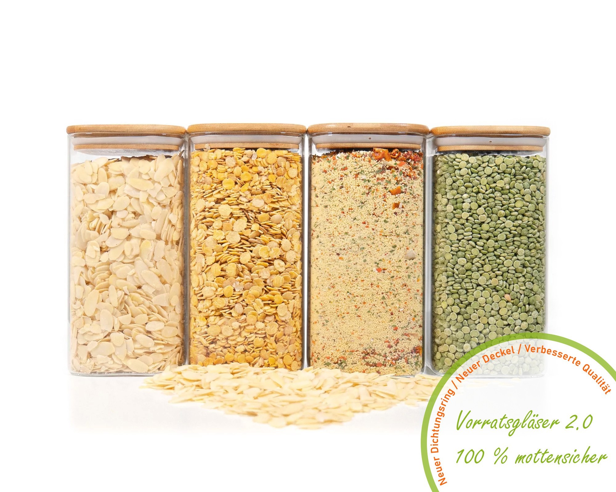 Quadratische Vorratsgläser mit Bambusdeckel 4er Set 1600ml