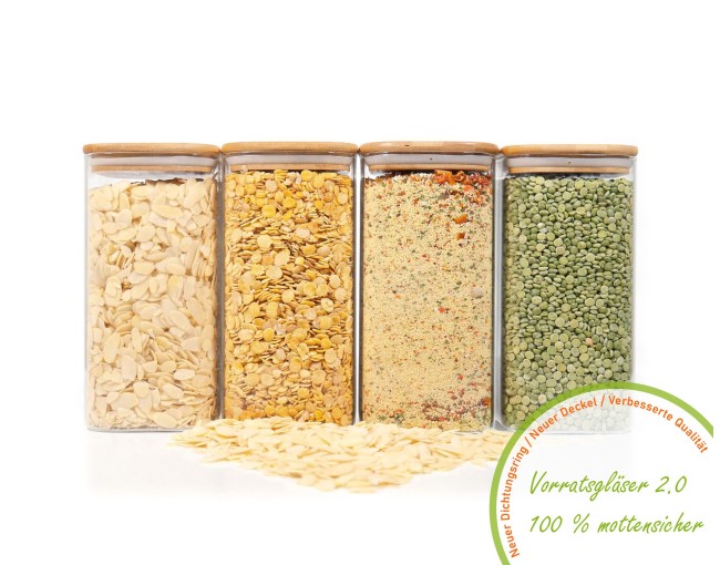 Quadratische Vorratsgläser mit Bambusdeckel 4er Set 1600ml