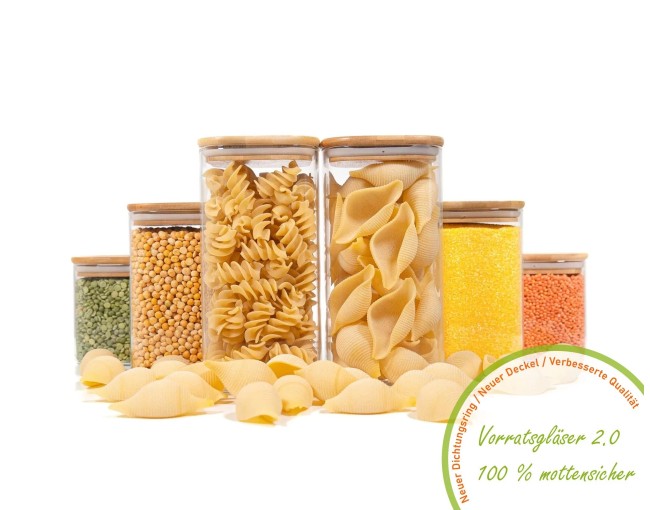 Square storage jars with bamboo lids, set of 6