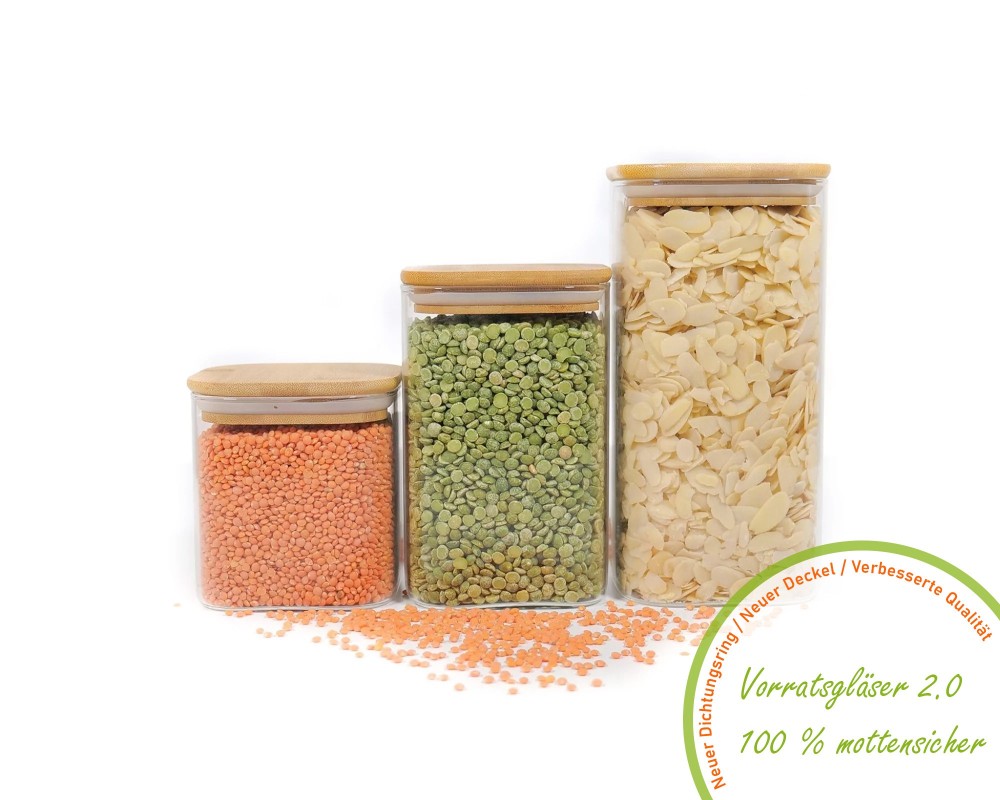 Bocaux de rangement carrés avec couvercles en bambou, lot de 3