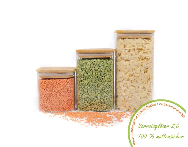 Square storage jars with bamboo lids, set of 3