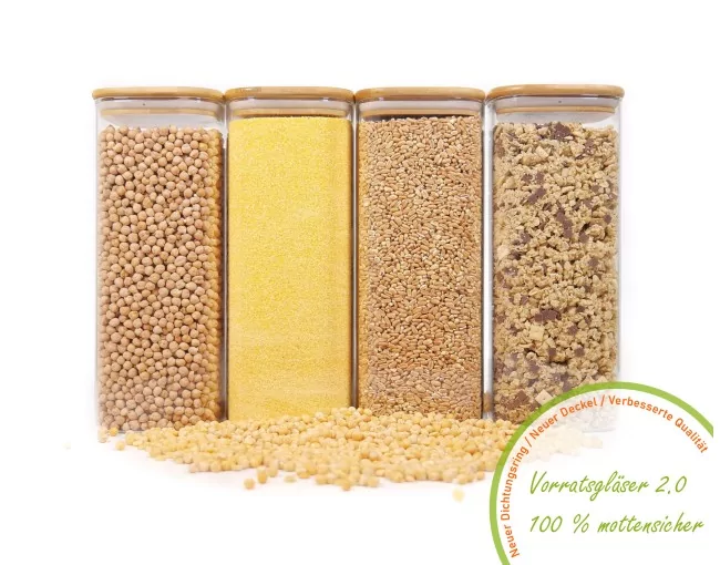 Quadratische Vorratsgläser mit Bambusdeckel 4er Set 2000ml