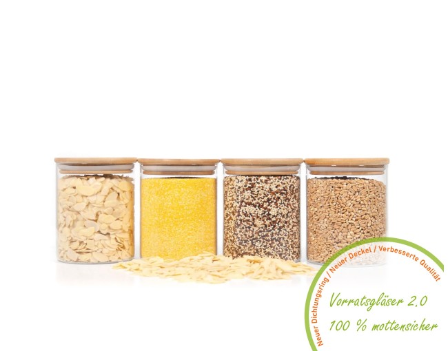 Runde Vorratsgläser mit Bambusdeckel 4er Set 800ml