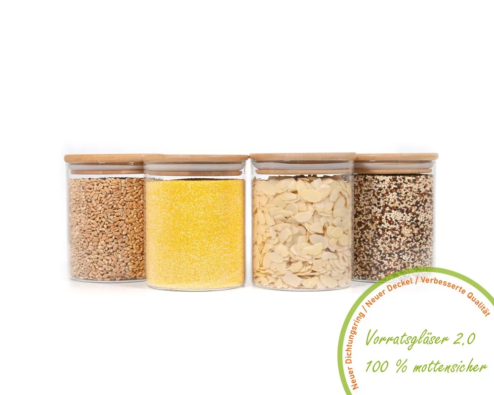 Runde Vorratsgläser mit Bambusdeckel 4er Set 1000ml