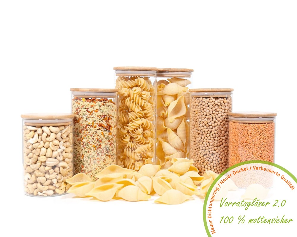 Round storage jars with bamboo lids, set of 6