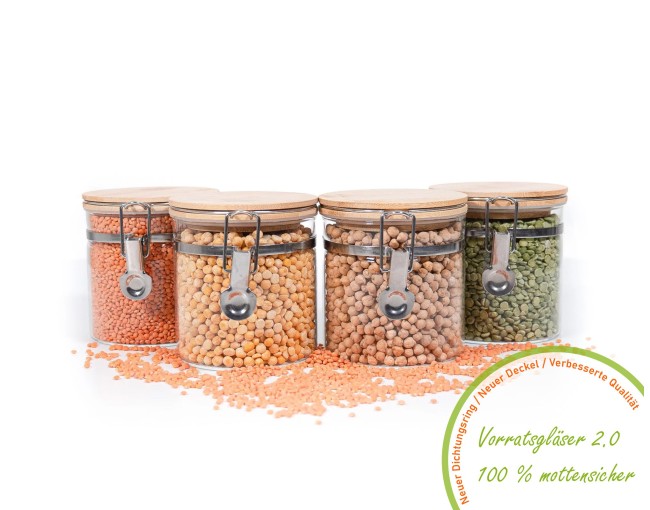 Clip-on storage jars with bamboo lids, set of 4, 750ml