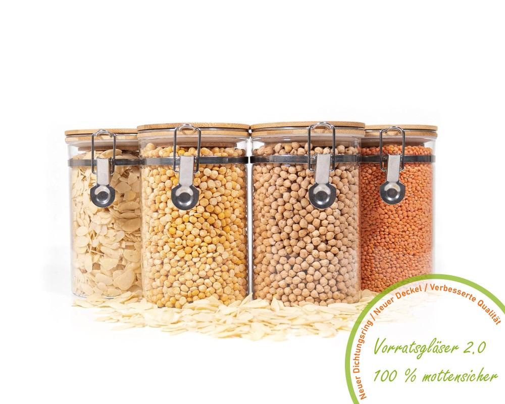 Clip-on storage jars with bamboo lids, set of 4, 1000ml