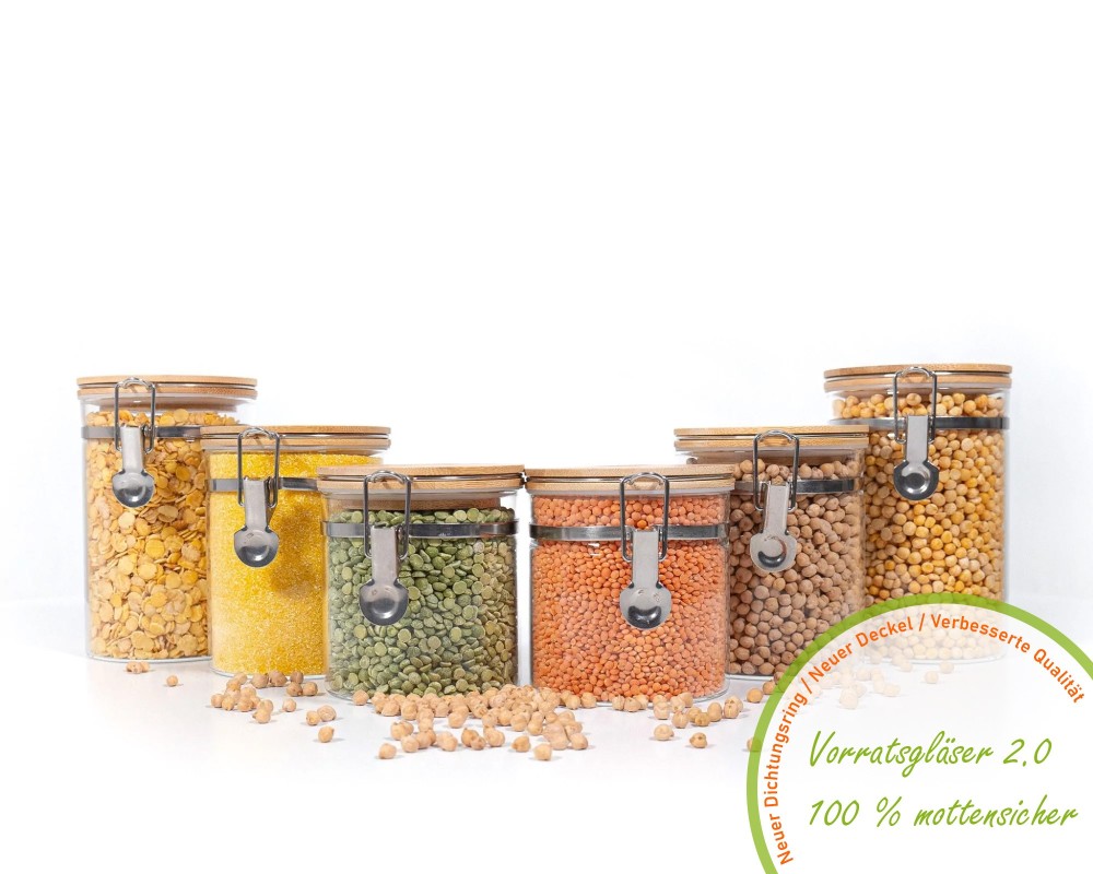 Clip-on storage jars with bamboo lids, set of 6