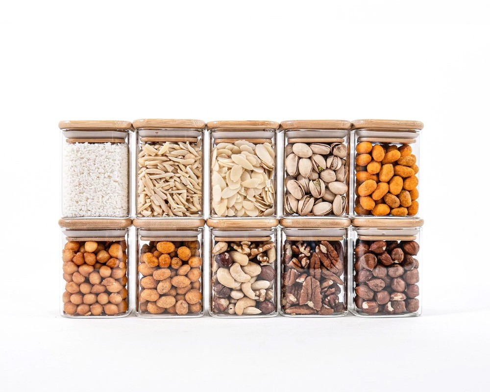 Narrow square storage jars 8 cm high set of 10