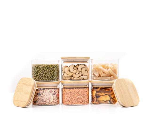 Round storage jars with bamboo lids, set of 4, 800ml