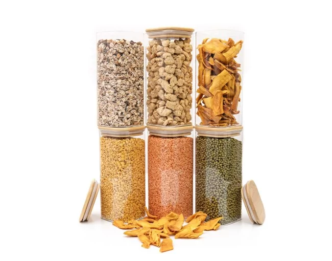 Schmale quadratische Vorratsgläser 18cm hoch 6er Set Ø8cm