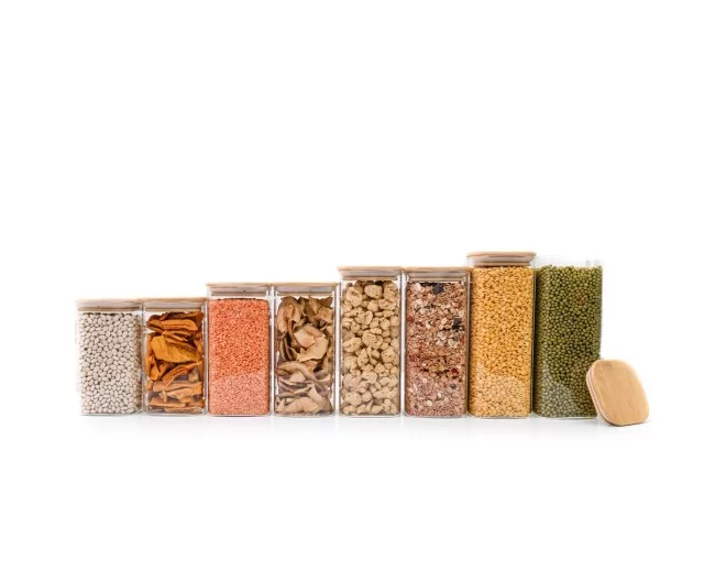 Schmale quadratische Vorratsgläser 20cm hoch 6er Set Ø8cm