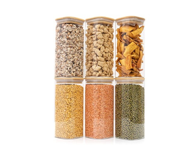 Schmale quadratische Vorratsgläser 18cm hoch 6er Set Ø8cm