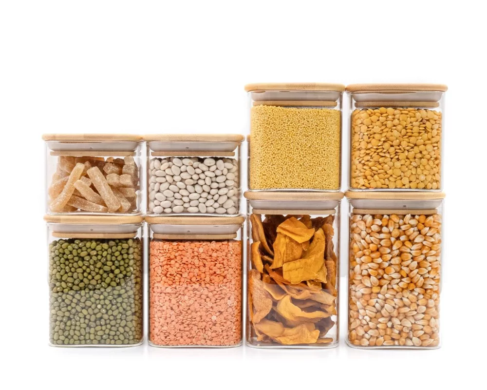 Schmale quadratische Vorratsgläser 20cm hoch 6er Set Ø8cm