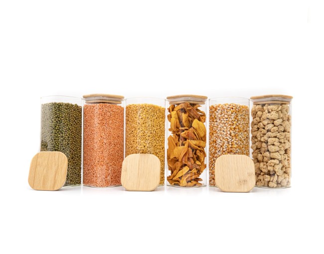 Barattoli rotondi con coperchio in bambù, set da 4, 800 ml