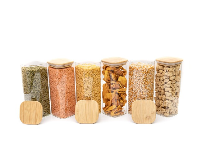 Schmale quadratische Vorratsgläser 20cm hoch 6er Set Ø8cm