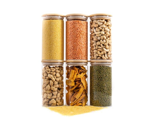 Barattoli rotondi con coperchio in bambù, set da 4, 800 ml