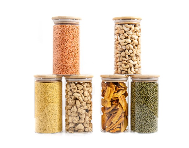 Barattoli rotondi con coperchio in bambù, set da 4, 800 ml