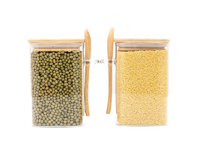 Bocaux de conservation avec couvercle en bambou et cuillère, lot de 2, carrés