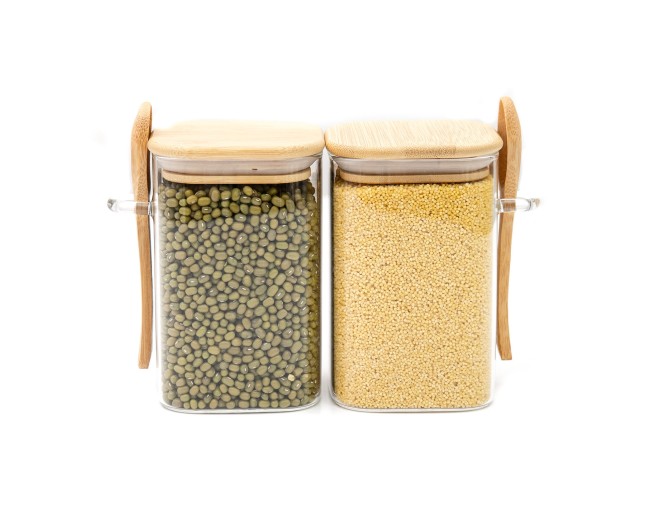 Bocaux de conservation avec couvercle en bambou et cuillère, lot de 2, carrés
