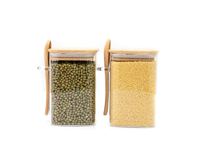 Bocaux de conservation avec couvercle en bambou et cuillère, lot de 2, carrés
