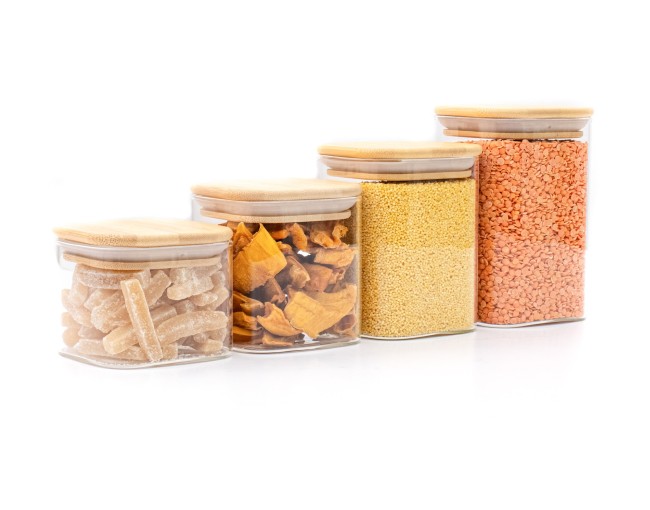 Barattoli di stoccaggio quadrati stretti, set da 4, piccoli, Ø8cm