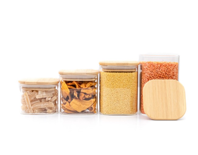 Barattoli di stoccaggio quadrati stretti, set da 4, piccoli, Ø8cm