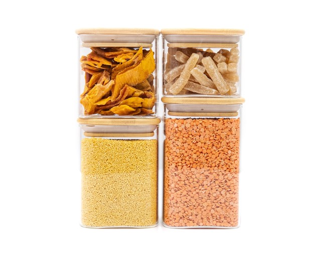 Barattoli di stoccaggio quadrati stretti, set da 4, piccoli, Ø8cm