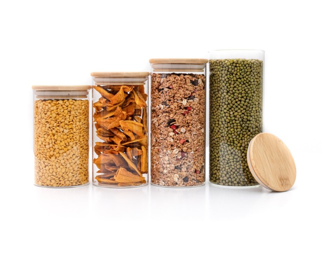 Round storage jars with bamboo lids, set of 4, 800ml