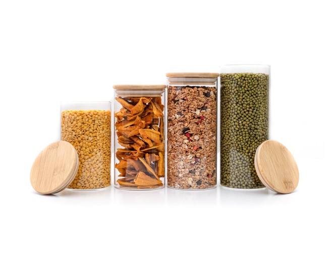 Round storage jars with bamboo lids, set of 4, 800ml