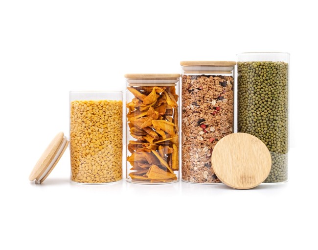Round storage jars with bamboo lids, set of 4, 800ml
