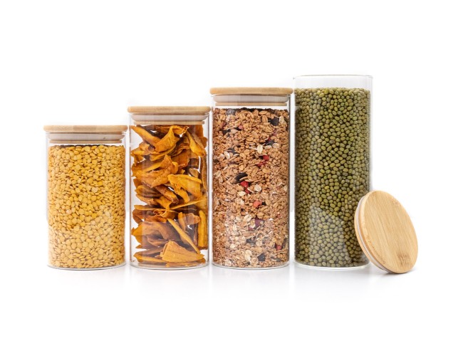 Round storage jars with bamboo lids, set of 4, 800ml