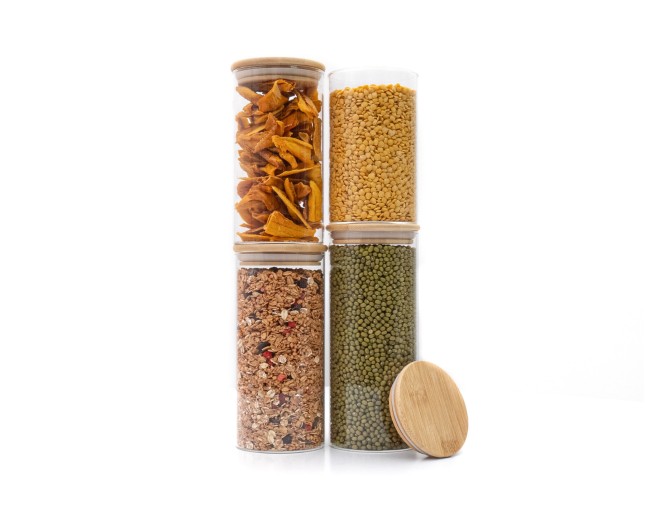 Round storage jars with bamboo lids, set of 4, 800ml