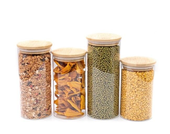 Round storage jars with bamboo lids, set of 4, 800ml