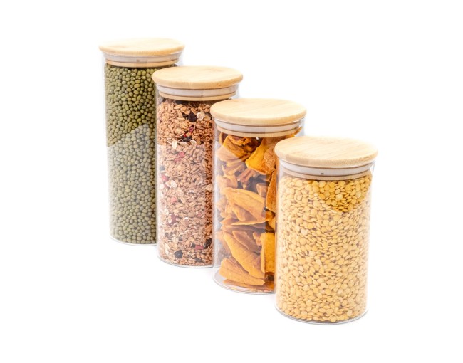 Barattoli rotondi con coperchio in bambù, set da 4, 800 ml