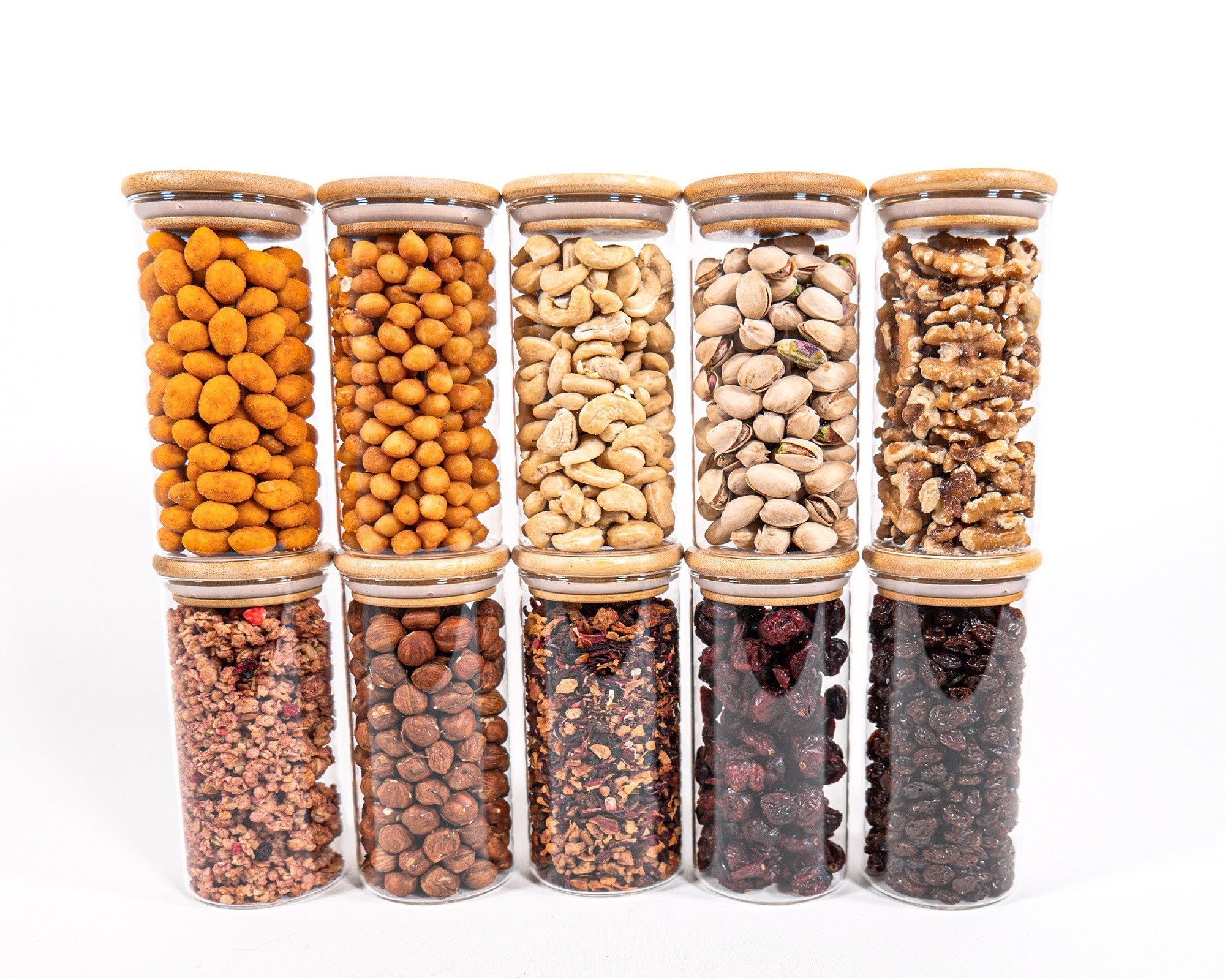 Narrow storage jars 12 cm high with bamboo lids, set of 10