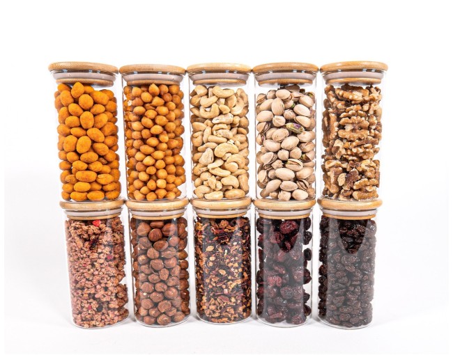 Barattoli di stoccaggio stretti alti 12 cm con coperchi in bambù, set da 10