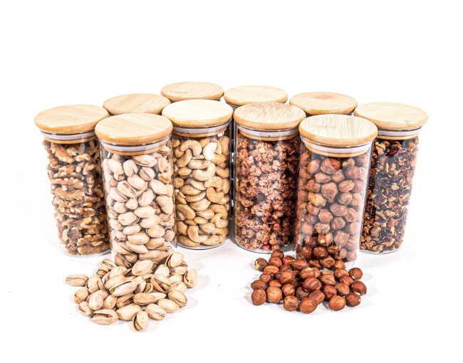 Narrow storage jars 12 cm high with bamboo lids, set of 10