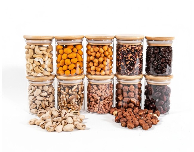 Schmale Gewürzgläser 8 cm hoch Bambusdeckel 10er Set