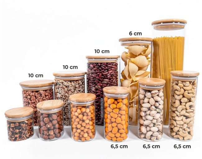 Barattoli di stoccaggio stretti alti 12 cm con coperchi in bambù, set da 10