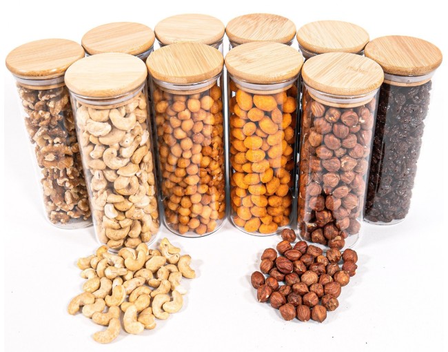 Bocaux de conservation étroits de 16 cm de haut avec couvercles en bambou, lot de 10