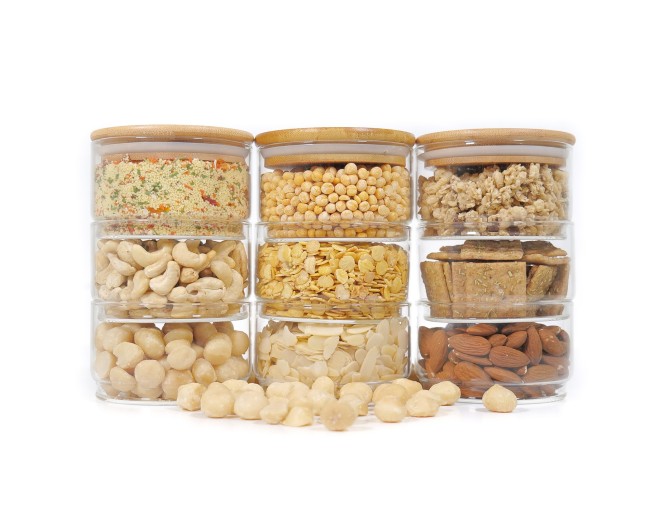 Round storage jars, stackable, set of 9