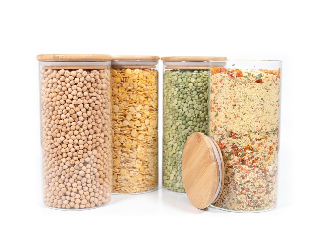Round storage jars with bamboo lids, set of 4, 1400 ml