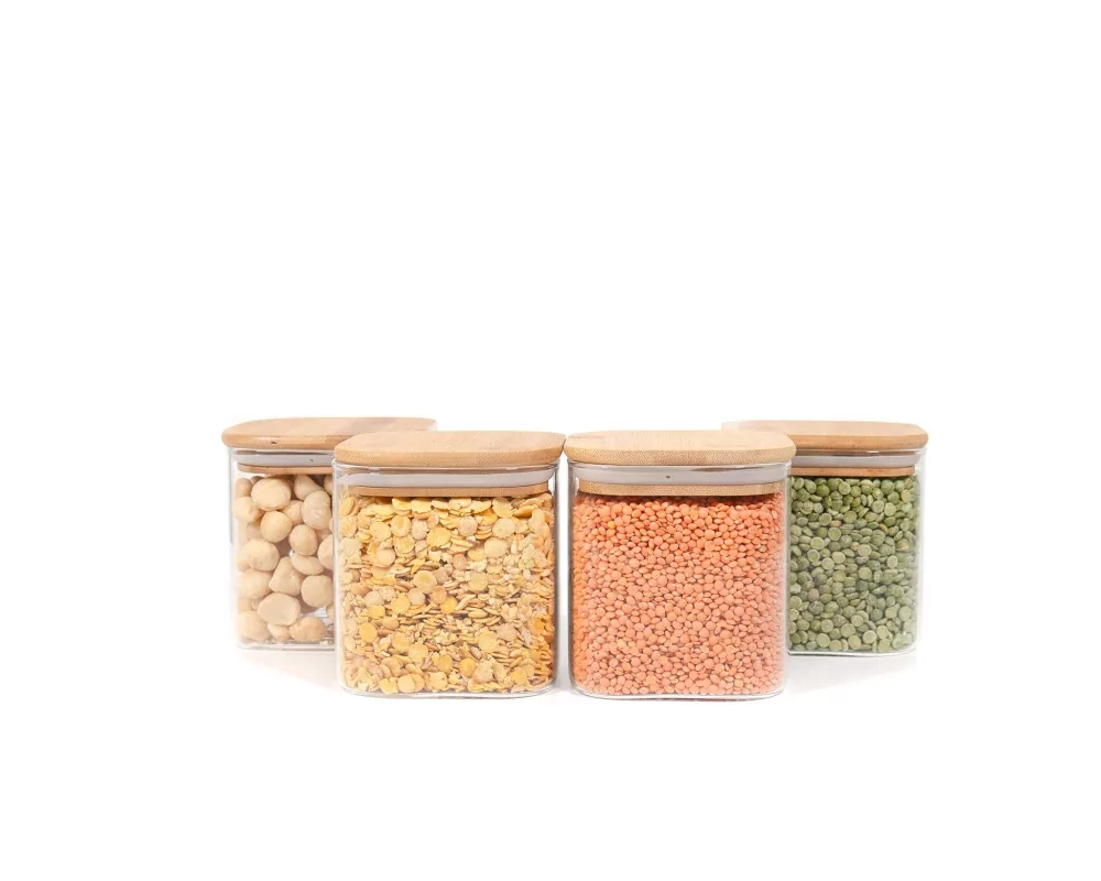 Quadratische Vorratsgläser mit Bambusdeckel 4er Set 800ml