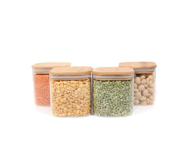 Square storage jars with bamboo lids, set of 4, 800ml